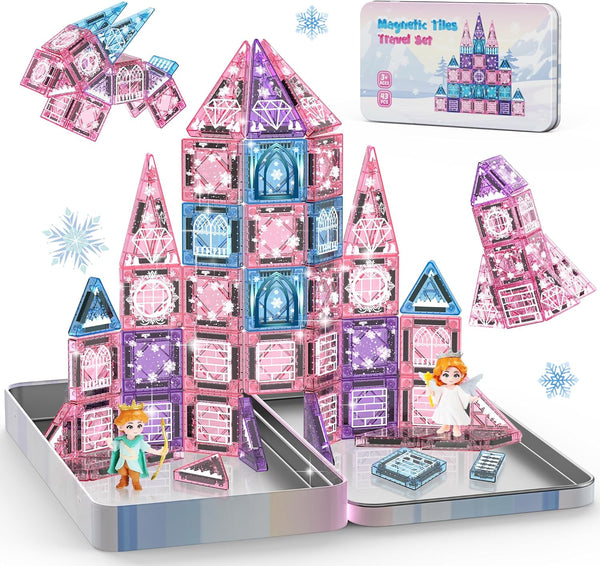 Windidi Magnetic Tiles Princess Toys, Princess Castle Travel Magnetic Blocks with Metal Box