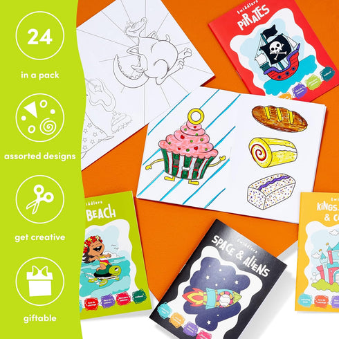 THE TWIDDLERS - 24 Pack Mini Coloring Books for Kids Ages 3+, Includes Castles, Dragons, Space, Pirate, Baking