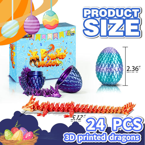 24pcs 3D Printed Dragon Eggs, Articulated Dragon Fidget Toys for Party Favors, Unique Birthday Gift for Kids Teens