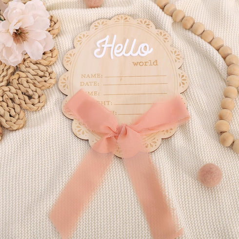 YOUAME Girls Hello World Wood Sign - Newborn Birth Announcement Plaque, Scallop Edge Wooden Sign Disc, Hospital Name