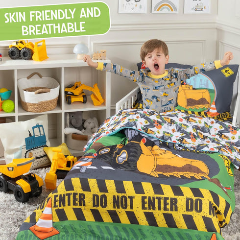 Set 4-Piece Sets Todays Kids Under Construction Toddler Bedding for Boys - Toddler Bed Comforter for Boys, Reversible
