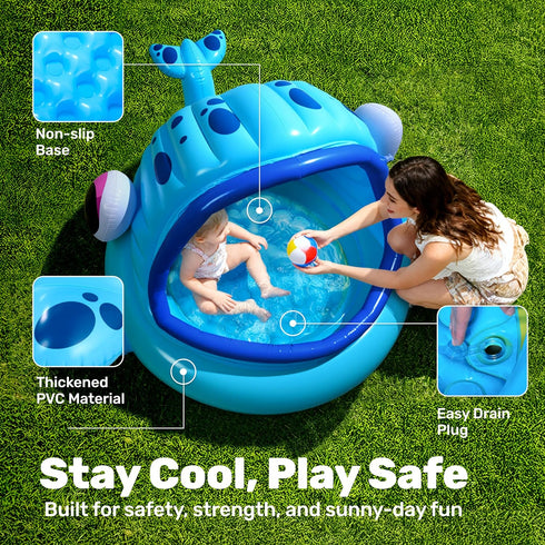 Swimming 54" 56" 28",Blow Summer JOYIN Inflatable Shade Kiddie Pool,Whale Baby Pool Tent, Infant Pool for Kids x x Up