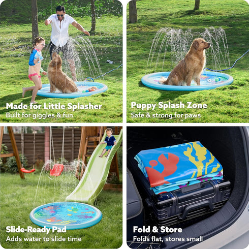 60" Summer SLOOSH Splash Pad Water Toys - Sprinkler Mat for Toddler Kids Baby Play Water Games Pool Fun, Outdoor Garden