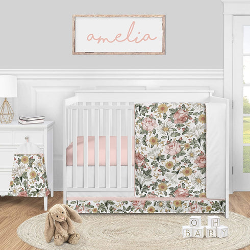 Sweet Jojo Designs Vintage Floral Boho Girl Fitted Crib Sheet - Blush Pink, Yellow Green Shabby Chic Rose Flower