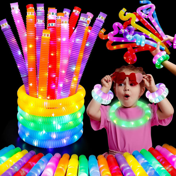 Glow Sticks Party Favors, 8 PCS LED Pop Tubes, Glow Necklaces, Bracelets, Light up Camping Toys for Kids, Fun Supplies