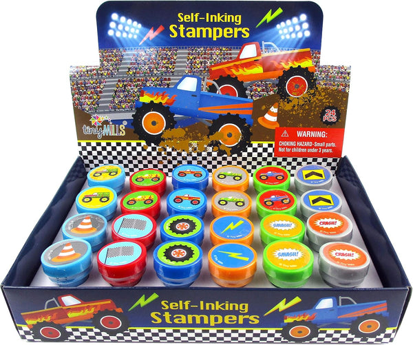 TINYMILLS 24 Pcs Monster Truck Assorted Stamps for Kids - Self Ink Stamps for Birthday Party and Classroom Rewards