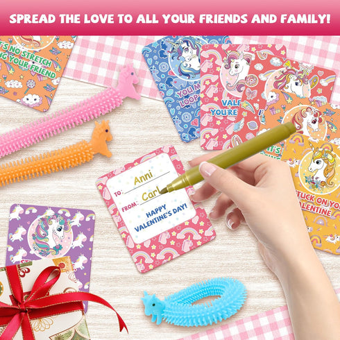 Gocozer 30-Pack Valentine's Day Cards with Stretchy String Toys Unicorn Noodles & Fidget Toys for Kids, Kids Valentines