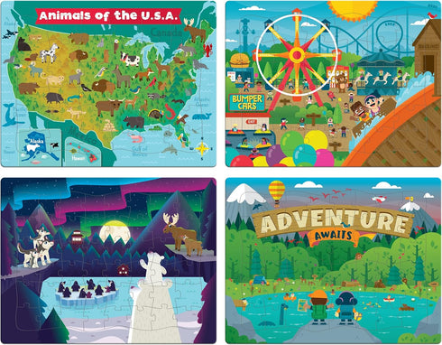 Chuckle & Roar - 4 Pack Tray Puzzles - USA Animal Map, Polar Animals, Adventure Awaits, Fair - 36 & 48 PC Tray Puzzles
