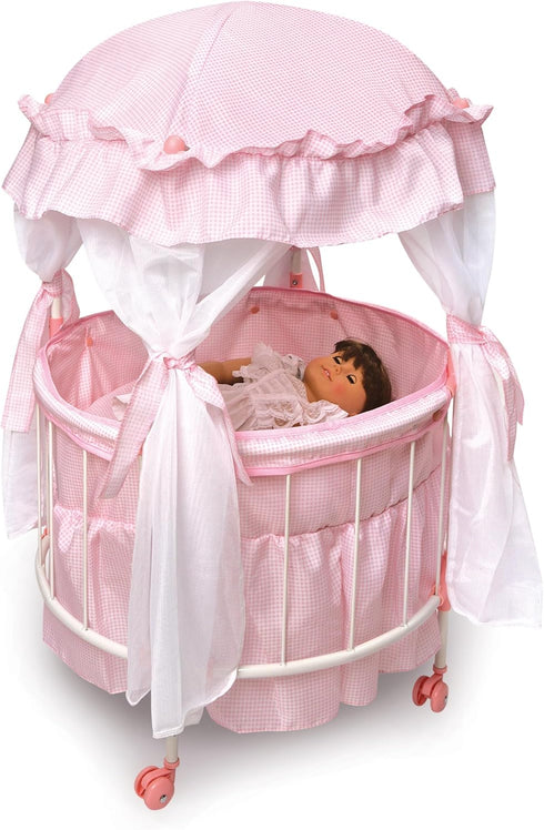 Badger Basket Toy Royal Pavilion Round Doll Bed with Canopy and Bedding for 18 inch Dolls, Pink/White