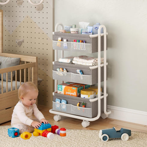 Wennop 3-Tier 3 6 Baby Diaper Caddy Organizer Cart, Mobile Nursery Storage Carts with Wheels, Dividers & Mesh Pockets