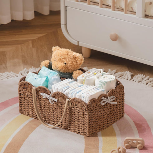 HBlife Large Baby Diaper Caddy, Paper Rope Storage Baskets Nursery Bin with Removable Divider, Portable Car Organizer
