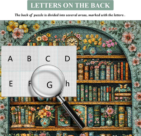 PICKFORU 1000 Vintage Bookshelf Puzzles for Adults Pieces, Flower Blooming Bookshelf Jigsaw Puzzle Library, Wildflower