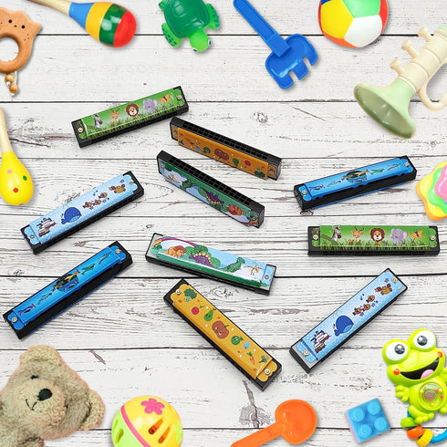 10 Sets Harmonica with Organza Gift Bags, 16 Holes Cartoon Musical Instrument for Kids Party Favors