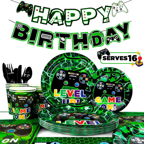 Video Game Party Supplies - 128pcs Tableware Set with Plates, Cups, Tablecloth, and Banner for Kids' Birthday