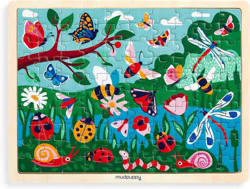 Mudpuppy Garden Life 100 Piece Wooden Puzzle with Display Stand, Bright Illustrations of Scenic Garden for Kids
