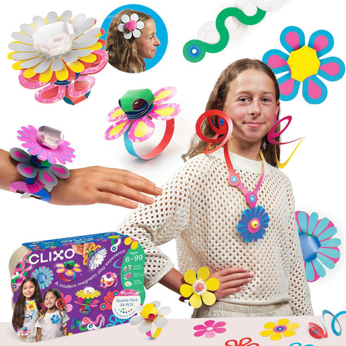 Clixo Sparkle Pack 34-Piece Magnetic Building Set with Holographic Patterns | Create