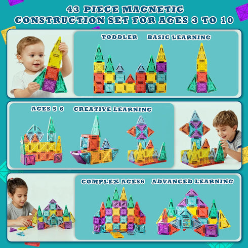 RiteHold 43PCS 2 Set 3-8 Magnetic Tiles for Kids Mini Magnet Tiles Building Toddlers Magnetiles Travel Toys with Case