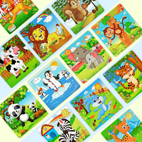 Vileafy 12 Pack Small Animals Puzzles for Kids Ages 3-5, Wooden Toddlers Puzzles