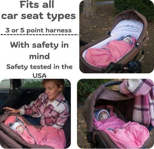 5 Car Seat Blankets for Babies Winter - Stroller Footmuff Carseat Cover Baby Point Harness - Swaddle Bunting Bag (Pink)