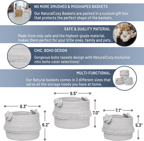 NaturalCozy 3-Piece Boho Cotton Rope Storage Basket Set for Organizing Baby Stuff, Gift Basket, Toy Basket, Nursery