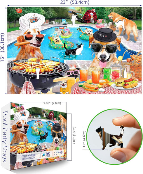 500 Summer (23"x15") Dog Pool Party Puzzle for Adults Piece Funny Animal BBQ Jigsaw Puzzles with Letters on Back Unique