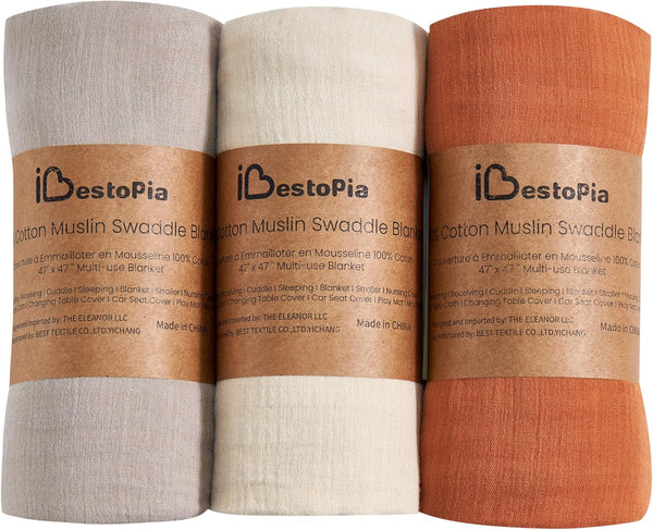 3-Pack 100% Cotton Muslin Swaddle Blankets, Large 47 x 47 Inches Breathable