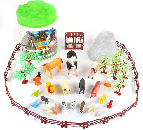 Sunny Days Entertainment Farm Animals Bucket – 56 Piece Toy Play Set for Kids with Storage Bucket