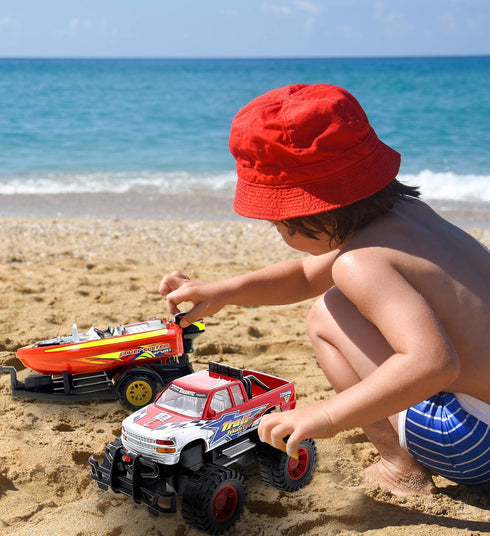 Mozlly Set 9 Inch Monster Truck Toys with Trailer Toy Boat - Friction Powered Hauling Truck and Trailer Toy, Big Toy