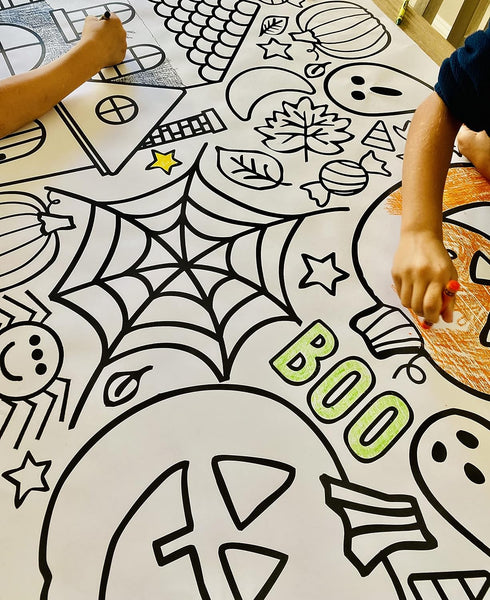 Tiny Expressions Halloween Coloring Tablecloth for Kids, 30" x 72" Giant Coloring Poster for Halloween Activities