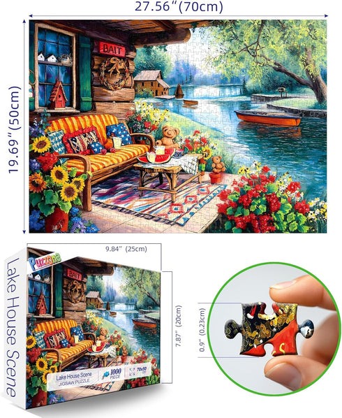 1000 Summer Cozy (27.6"x19.7") Lake House Piece Puzzle for Adults Lakeside Retreat Jigsaw Puzzle Cabin Dock Sunflowers