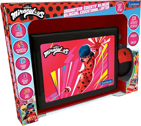 LEXiBOOK Miraculous Educational and Bilingual Laptop, English/Spanish Toy for Kids, 124 Activities with Ladybug