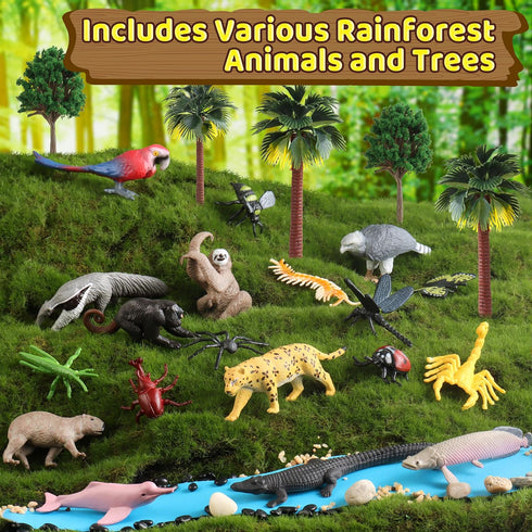 37PCS Set, Rainforest Animals Figures Toys Rainforest Diorama Supplies Include Jungle Animal Figurines,Trees, Moss