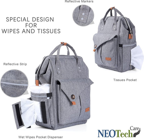 NeoTech Care Diaper Bag Backpack for Baby Girl/Boy, Multifunction Organizing Pockets, Gray