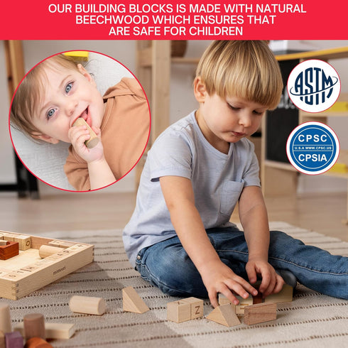 MOMOARI Set 86 6 3 Alphabet Number Early Math Wooden Building Blocks - Blocks in Shapes with Wooden Storage Tray.