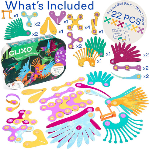 Pack Set 6+ Clixo Tropical Birds - Magnetic STEAM Building Toy with Custom Wing-Flapping Mechanism for Creative Play