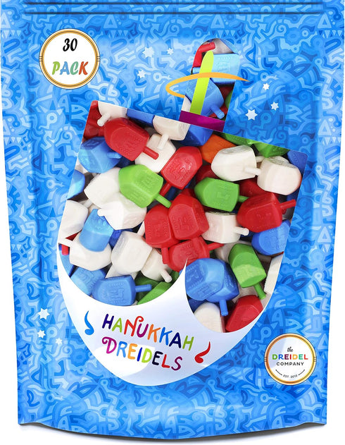Hanukkah Dreidels, Multicolor Plastic Chanuka Draydels with English Transliteration, 30-Pack