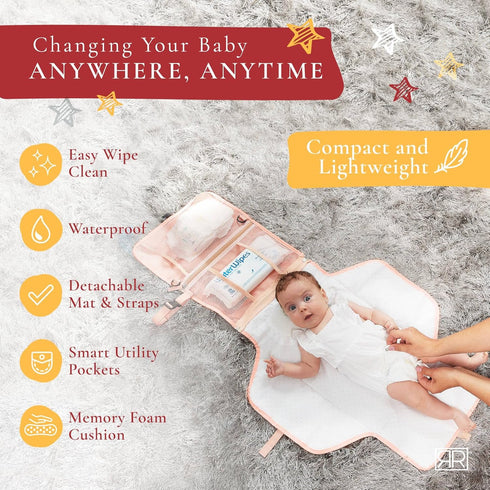 2-in-1 Premium Portable Diaper Changing Pad CPC Certified Waterproof Diaper Clutch & Changing Mat with Head Cushion