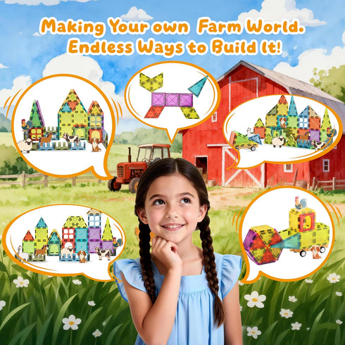 RiteHold 52PCS, 3 4 5 6 7 8, 3+ Magnetic Tiles Farm Animals STEM Toys Magnet Building Blocks for Kids Ages Toddler