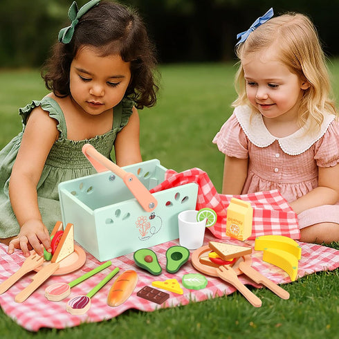 Playset, 31 Sets 3+ Wooden Toy Picnic Pcs Wooden Play Food Sandwich Stacking Toys for Kids Pretend Play Cutting Food