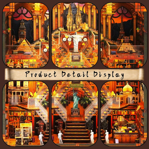 VORATHIS 3D Book Nook Kits for Adults The World Library Booknook Wooden Puzzle with LED Lights Creative Bookshelf
