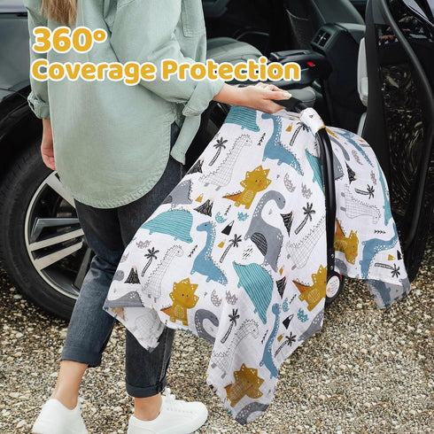 100% Summer, Rquite Baby Boy Car Seat Cover, Muslin Cotton Infant Carseat Canopy, Soft Breathable Stroller Sun Shade