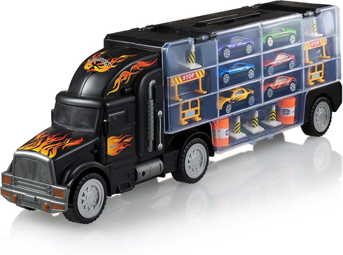 6 28 Play22 Toy Truck Car Carrier - Includes Toy Cars and Accessories, Fits Toy Car Slots - Great Gift for Boys