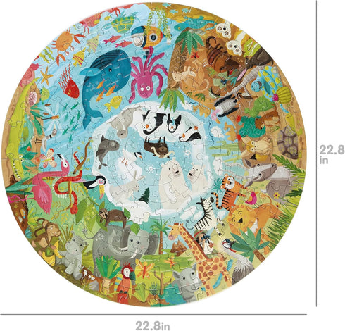 Animals Around The World Round Jigsaw Puzzle, 150 Pieces for Children Ages 5-8, 100% Recycled Card