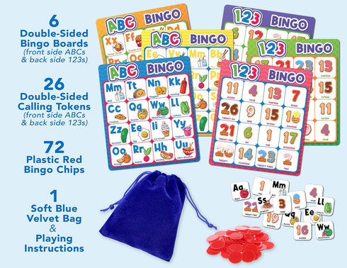 Party Hearty Alphabet and Number Bingo Board Game - ABC and 123 for Kindergarten and Preschool Kids