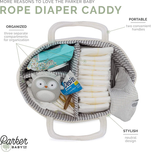 Parker Baby Rope Diaper Caddy Organizer - Nursery Storage Bin and Car Organizer for Diapers and Baby Wipes - Diaper