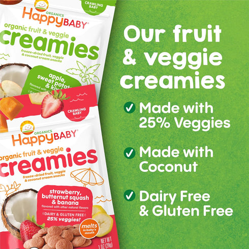 1 (Pack 8) Happy Baby Organic Creamies Freeze Dried Fruit, Veggie, & Coconut Cream Snacks, with Apple, Sweet Potato