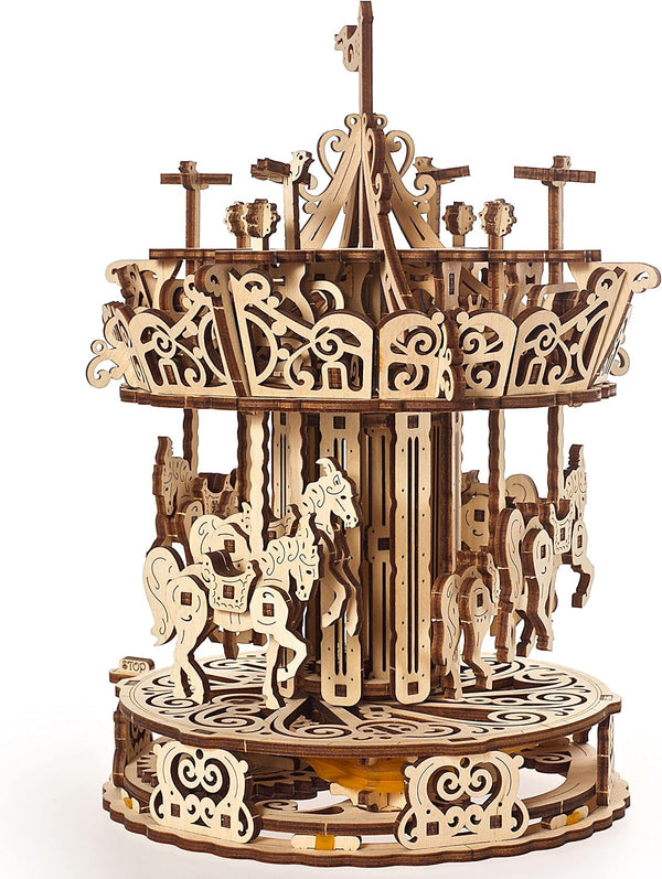 UGEARS Carousel Wooden Mechanical 3D Model, Self-Assembling Craft DIY Kit for Adults and Teens