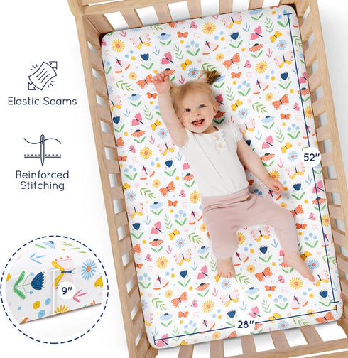 (3 Pack) Set GROW WILD Butterflies & Flowers Fitted Crib Sheets Girl - Soft Jersey Cotton Fitted Sheet, Toddler Bed