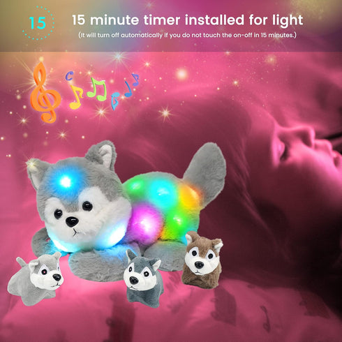 Hopearl LED Musical Stuffed Husky - Singing Plush Toy Playset with 3 Baby Puppies, 17''