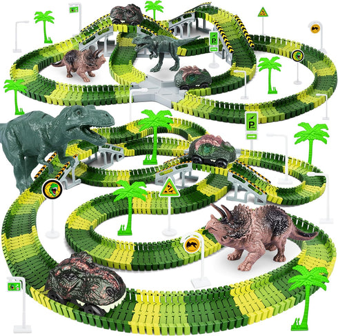 Dinosaur Toys, 252 PCS Create A Dinosaur World Road Race Tracks, Flexible Track Playset, 2pcs Dinosaur Car for 3 4 5 6